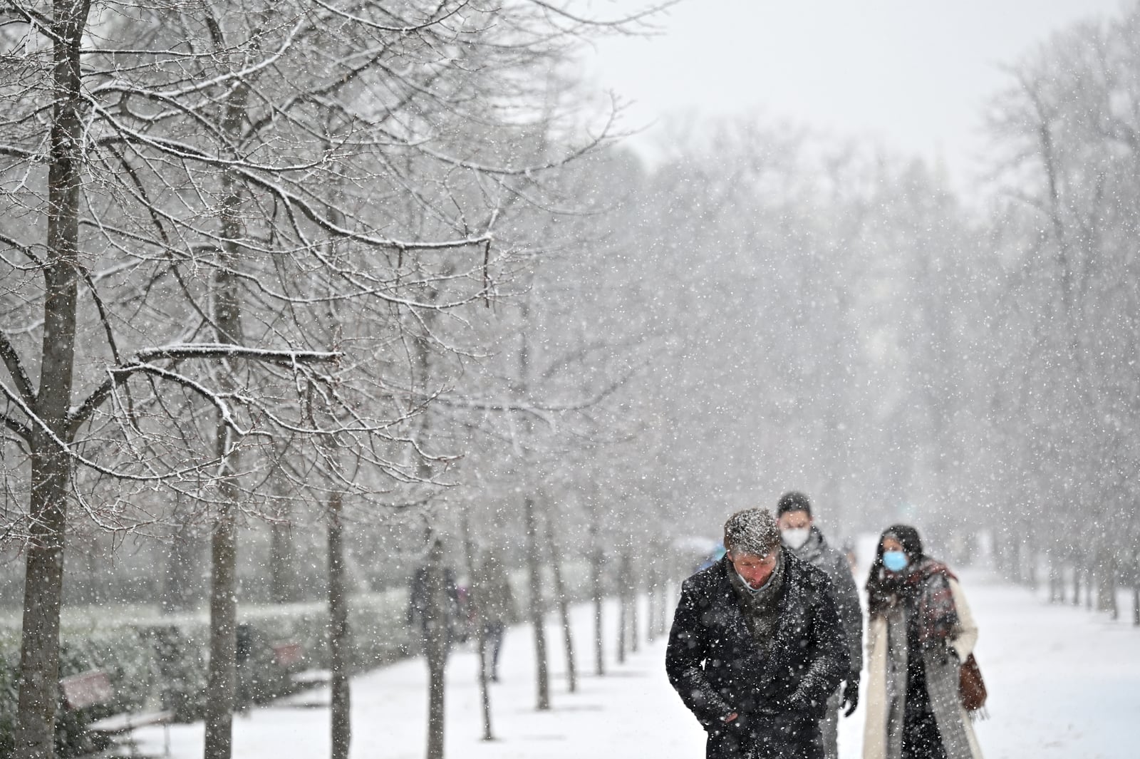 Gente camina mientras cae nieve en el Parque del Retiro en el centro de Madrid. Foto: Gabriel BOUYS / AFP