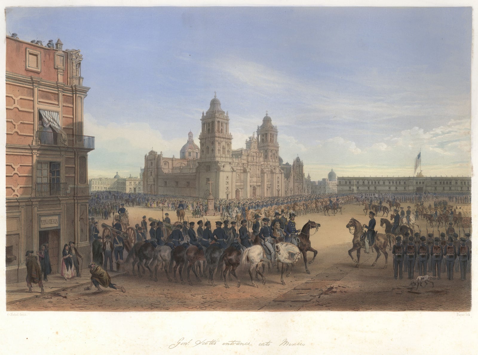 Tropas norteamericanas entrando a la ciudad de México al consumarse la invasión.  Autor: Carl Nebel. Cortesía del INAH.