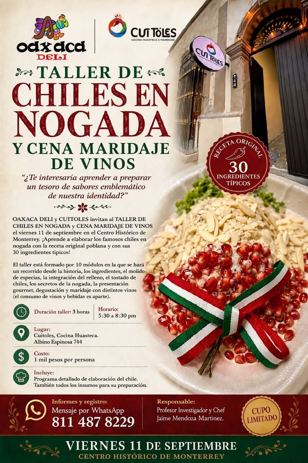 Mañana viernes 11 de septiembre, de 5:30 a 8:30 pm, en Cuitoles, Cocina Huasteca, en el Centro Histórico de Monterrey.