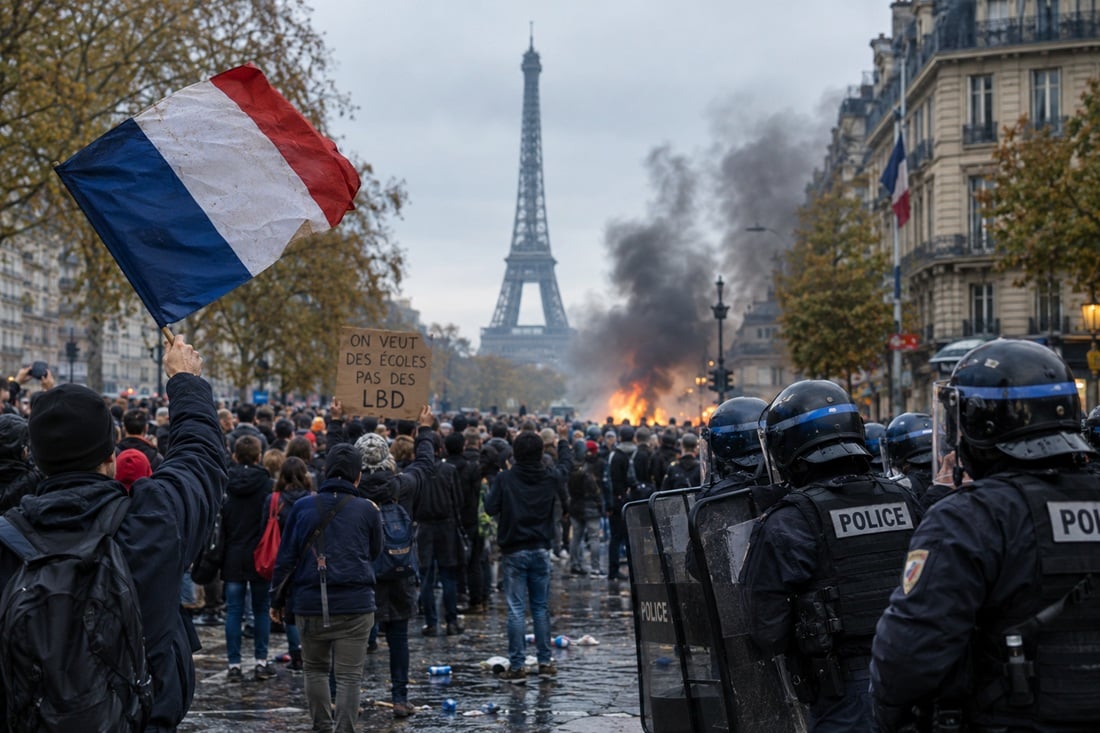 Protesta entre banderas y humo en París