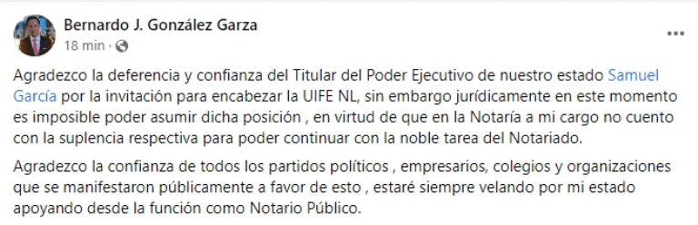 Publicación de Bernardo González. Foto: Redes sociales