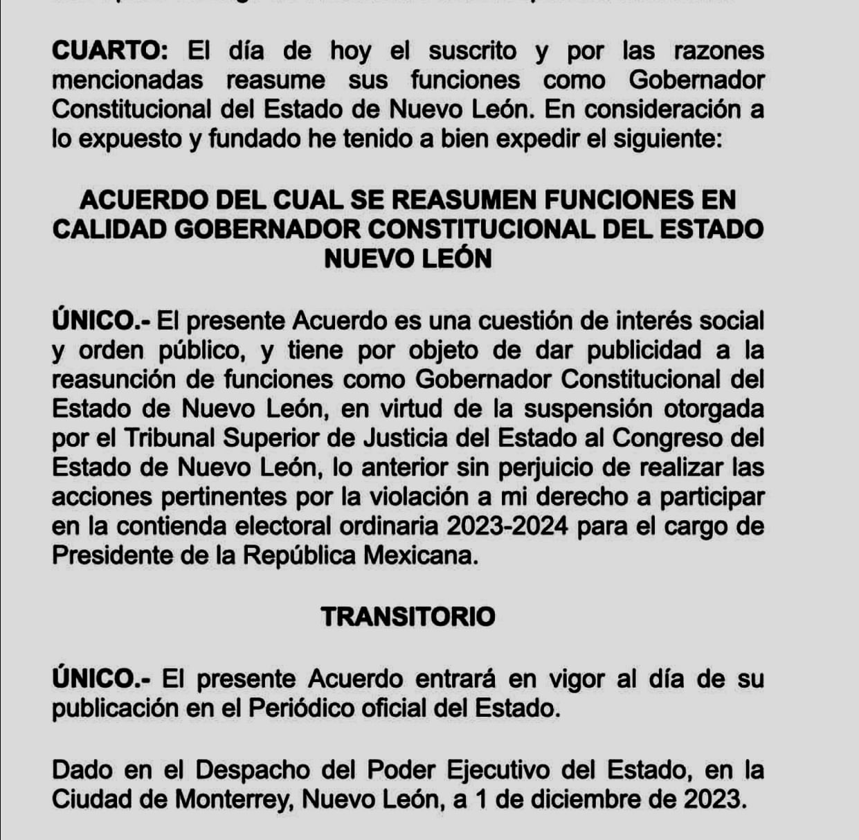 La "amenaza" de Samuel en el POE del 1 de Dic., pero cuya fecha de publicación podrá ser impugnada por legisladores del PRI y el PAN.