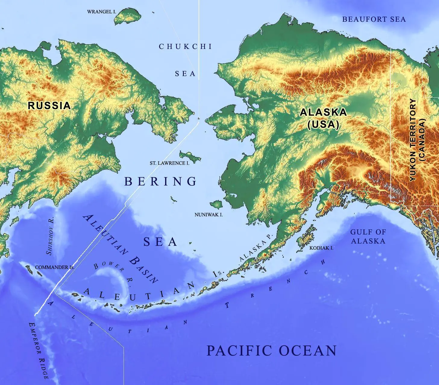 A la izquierda, Rusia. A la derecha, Alaska y en medio, el Estrecho de Bering, por donde cruzaron los primeros pobladores de América, desde Asia.