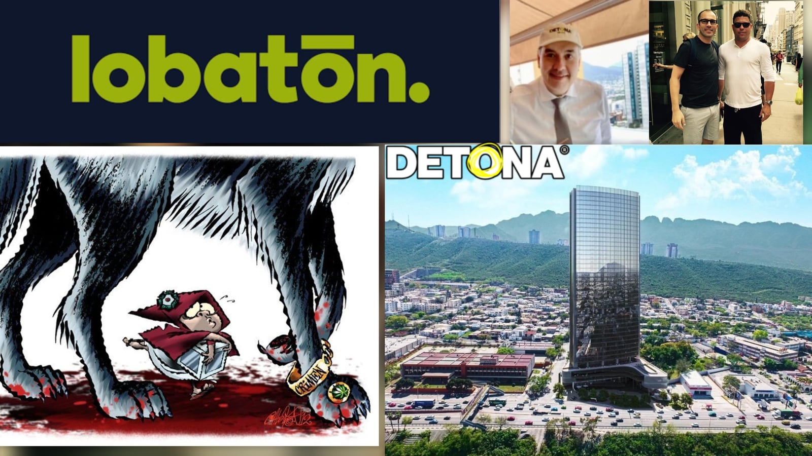 Arriba a la derecha, José Lobatón, presumiendo uno de sus muchos viajes a Europa; ahí con Ronaldo, ex estrella del Real Madrid. Arriba a la izquierda, la marca del descrédito. Diseño por Edwin Sánchez Landeros / DETONA®