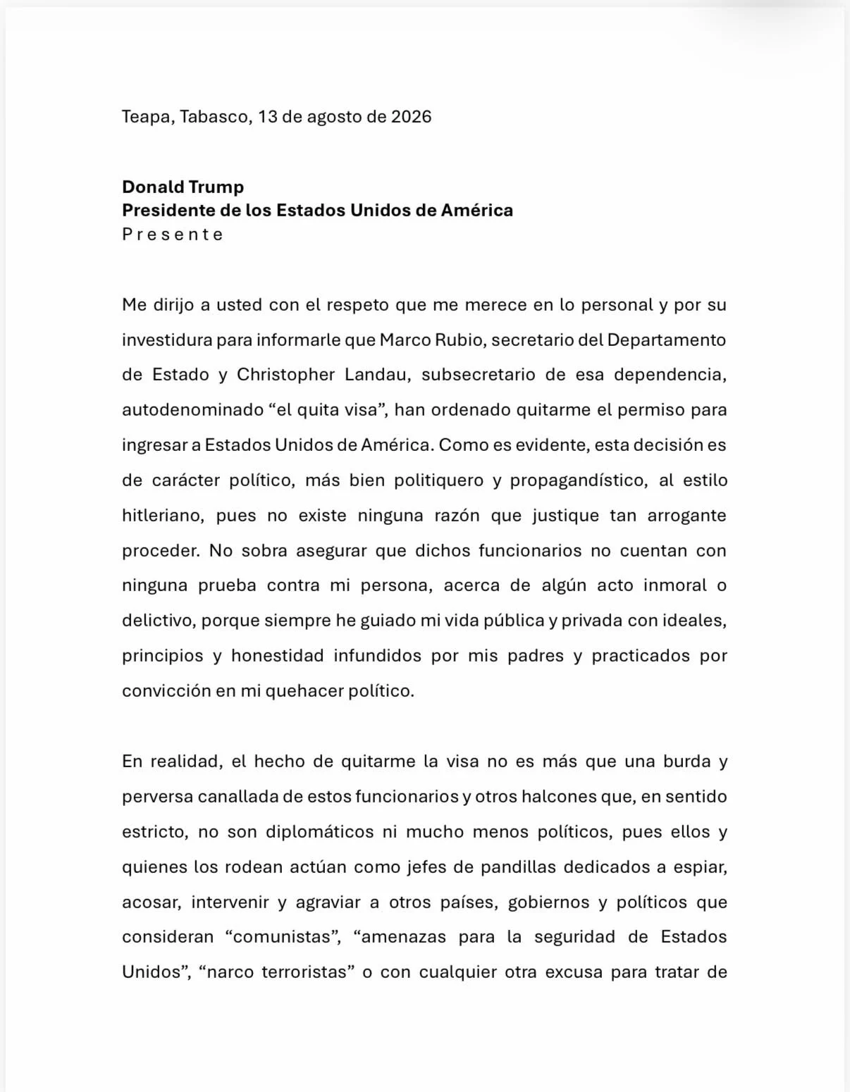 La carta íntegra del tabasqueño