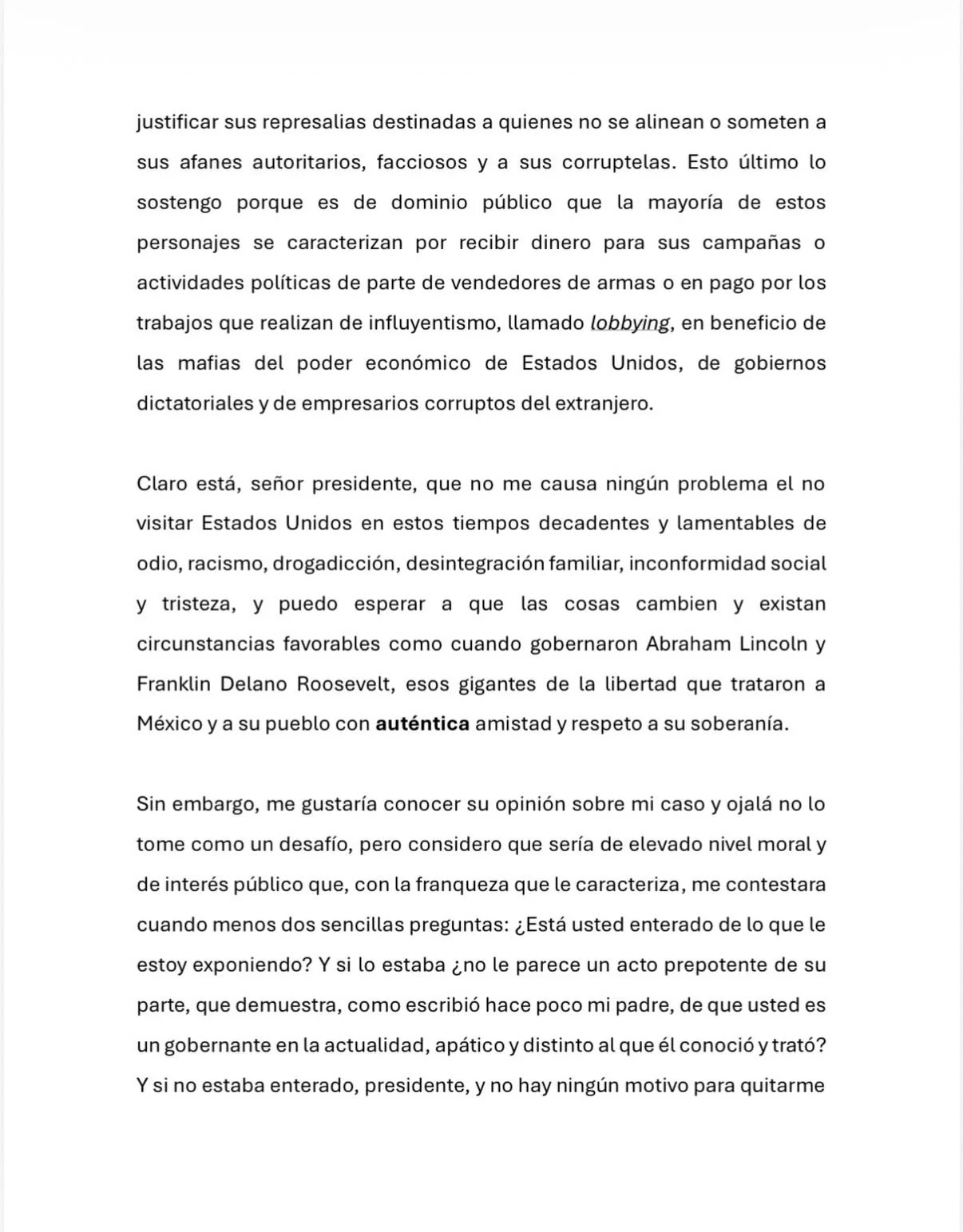 La carta íntegra del tabasqueño