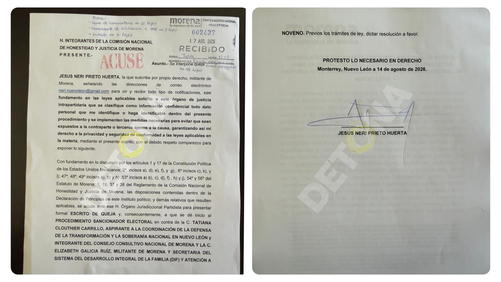 Esta es la solicitud presentada en tiempo y forma, para sacar a Tatiana de la contienda por la gubernatura de NL. EXCLUSIVA de Grupo DETONA®