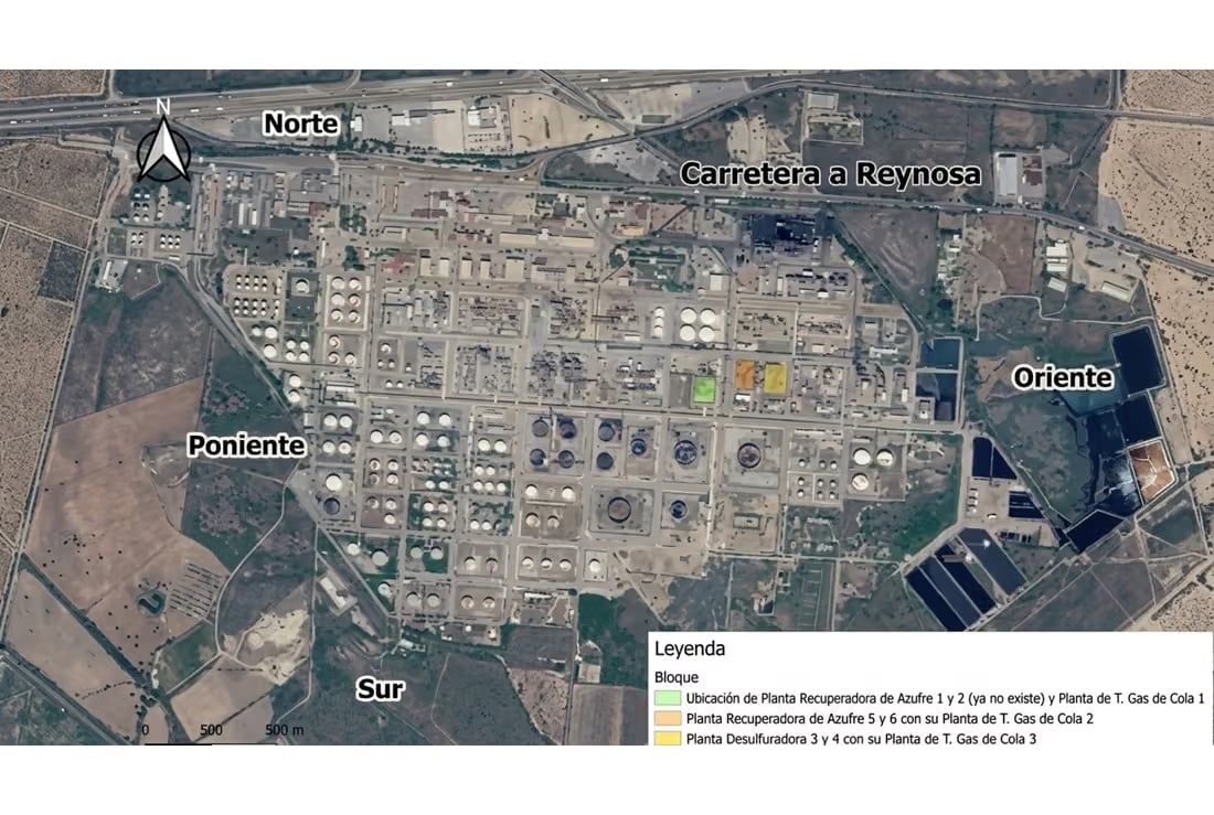 Imagen. Ubicación de las plantas recuperadoras de azufre y de tratamiento de gas de cola de la Refinería de Cadereyta, Nuevo León. La imagen satelital permite identificar los sitios donde se encuentran las plantas recuperadoras de azufre y las plantas de tratamiento de gas de cola. También señala el lugar donde estuvo ubicada la planta recuperadora de azufre número 2, que ya no existe. Fuente de la imagen base: Google Earth.