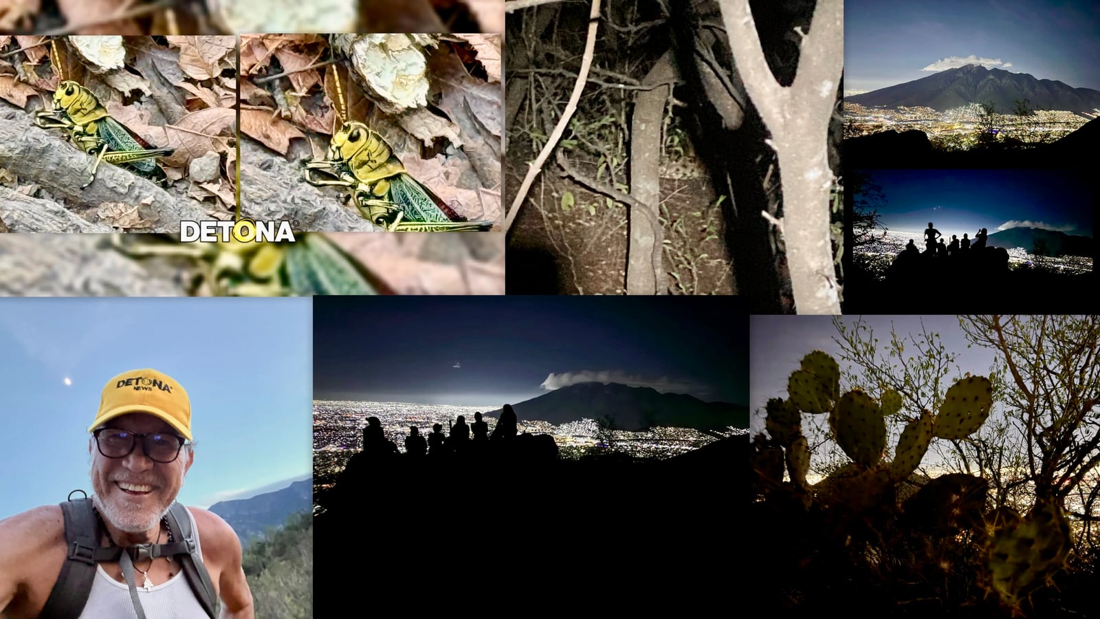 Al centro arriba, la víbora de cascabel con que nos topamos; quedamos mudos, por eso el video no trae sonido. Algunas serpientes de este tipo se las come a la parrilla, mi querido Compadre Juan Chapa. Diseño por Edwin Sánchez Landeros, Grupo DETONA®