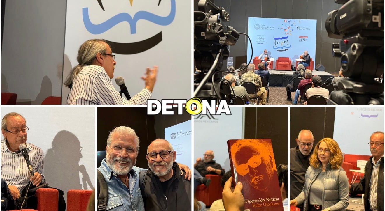 El libro Operación noticia, de Fritz Glockner, arriba a la izquierda, fue presentado por Benito Taibo. Diseño de Edwin Sánchez Landeros, Grupo DETONA®